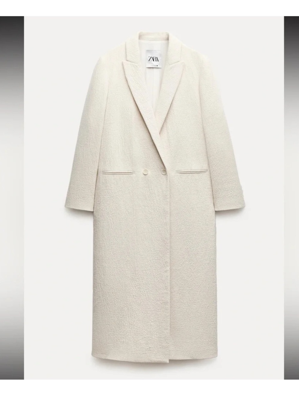 ZARA Cream Double-Breasted Long Wool-Blend Trench Coat